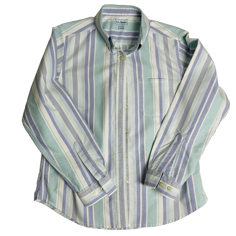 L.L.Bean Mens Small Regular Oxford Shirt Pastel Stripe Teal Purple Long Sleeve